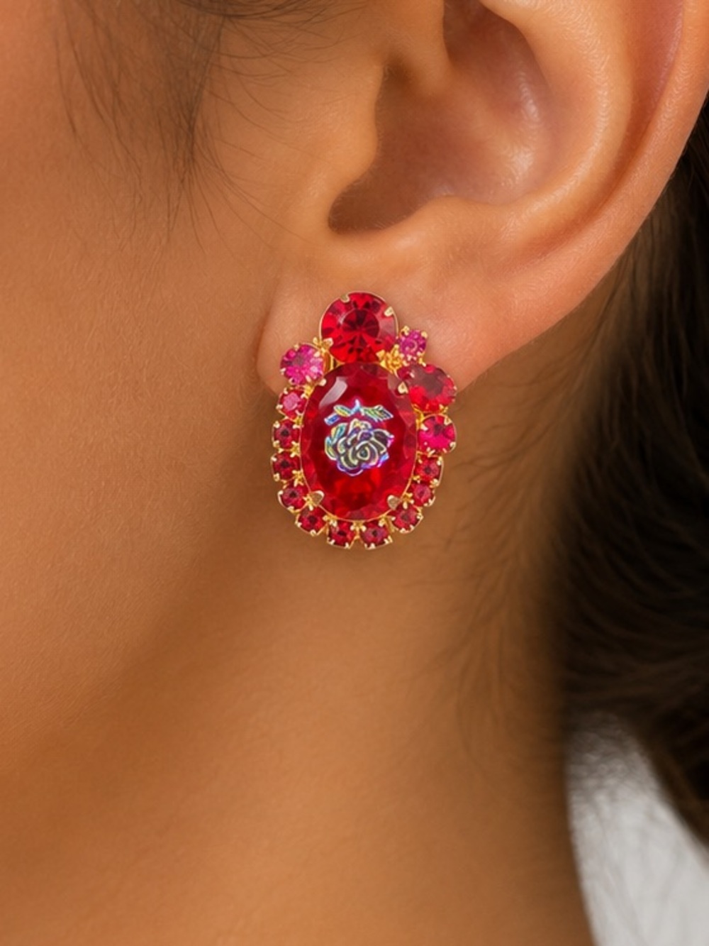 Vintage Juliana Style Red Rhinestone Cluster Clip On Earrings Iridescent Rose